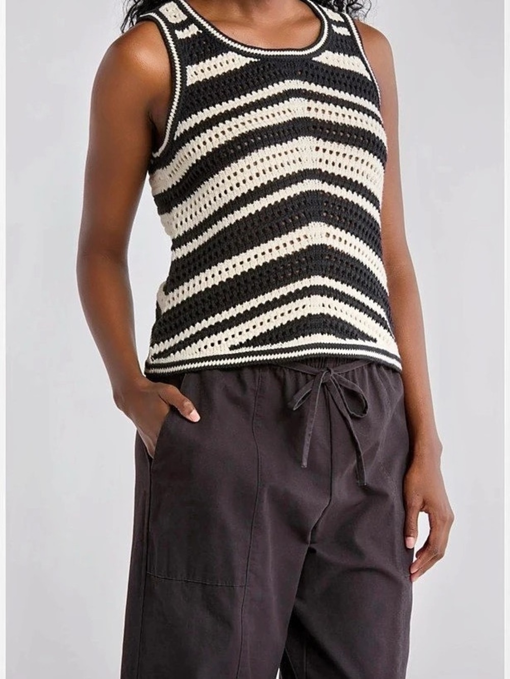 Lucky Brand Striped Crochet Square Neck Tank Top Black & White Small